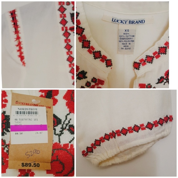 LUCKY BRAND Cross Stitch Floral Embroidered LS Top - Picture 4 of 4